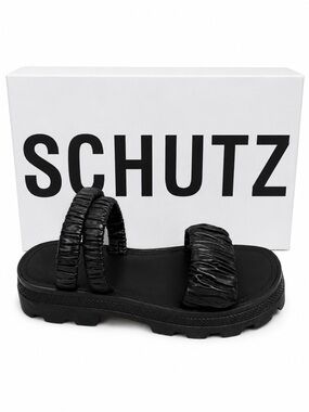 SCHUTZ Lirah Black Ruched Double-Strap Platform Slide Lug sole NIB